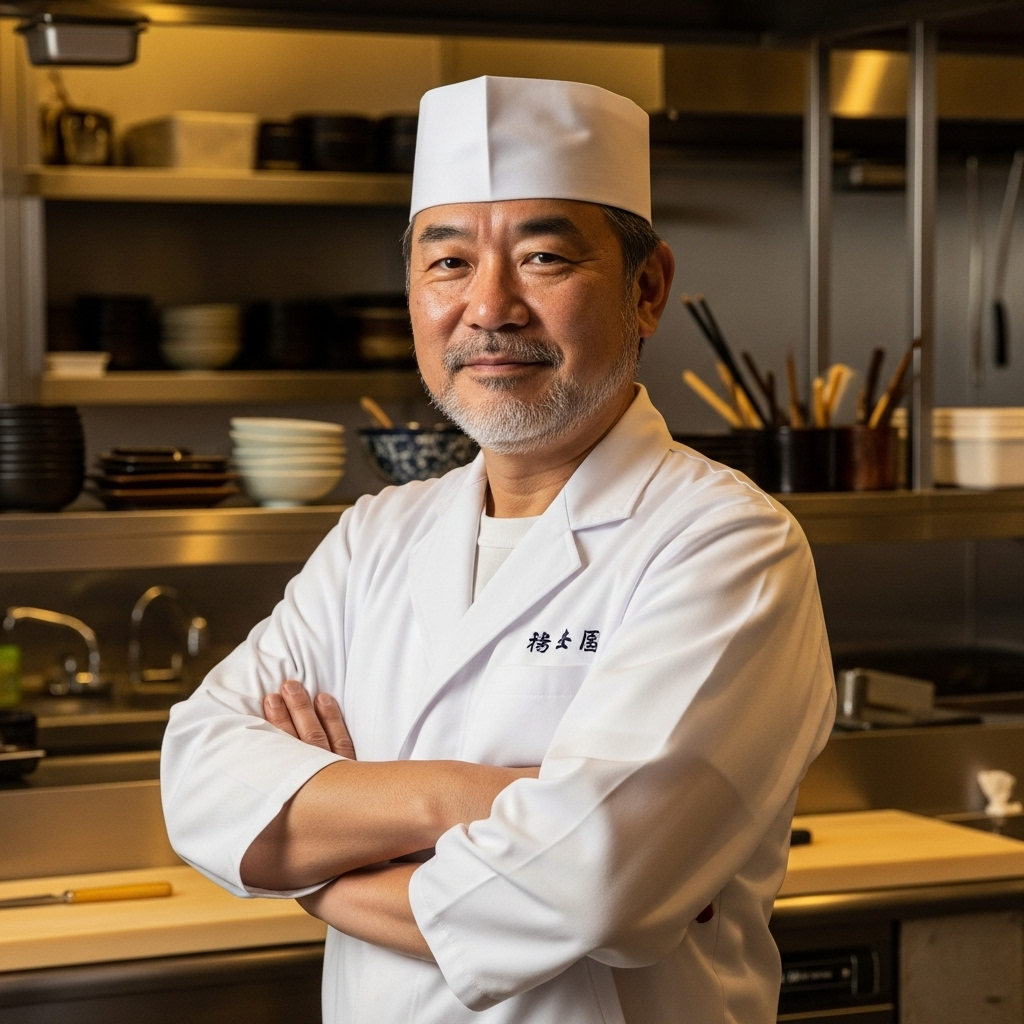 Professional portrait of Master Chef Hiroshi Tanaka in traditional white chef coat with focused expression
