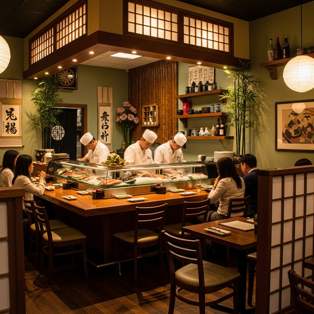 Traditional Japanese restaurant interior with wooden elements, warm lighting, and authentic decor