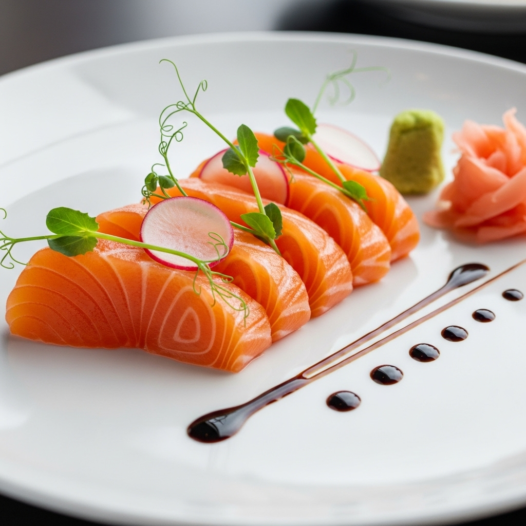 Premium salmon sashimi with garnish