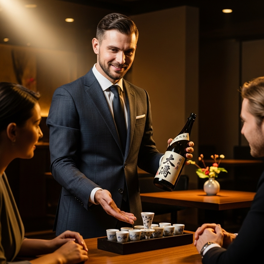 Sommelier presenting sake selection