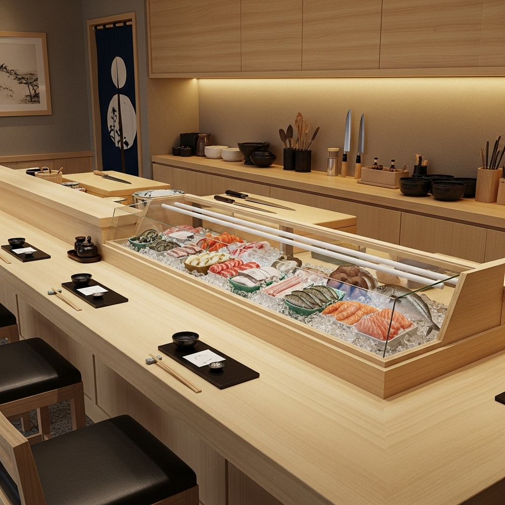 Traditional sushi bar counter