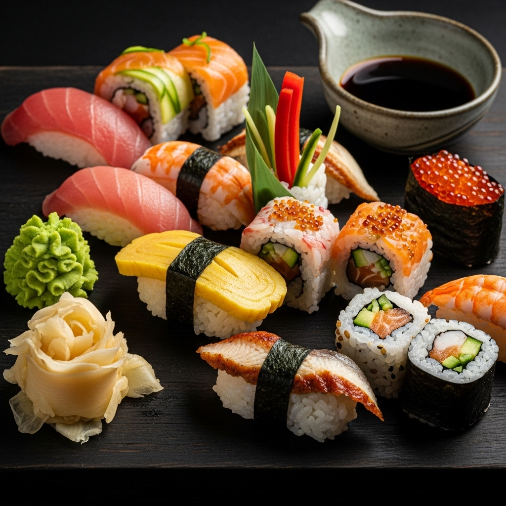 Elegant sushi platter with assorted nigiri and maki rolls