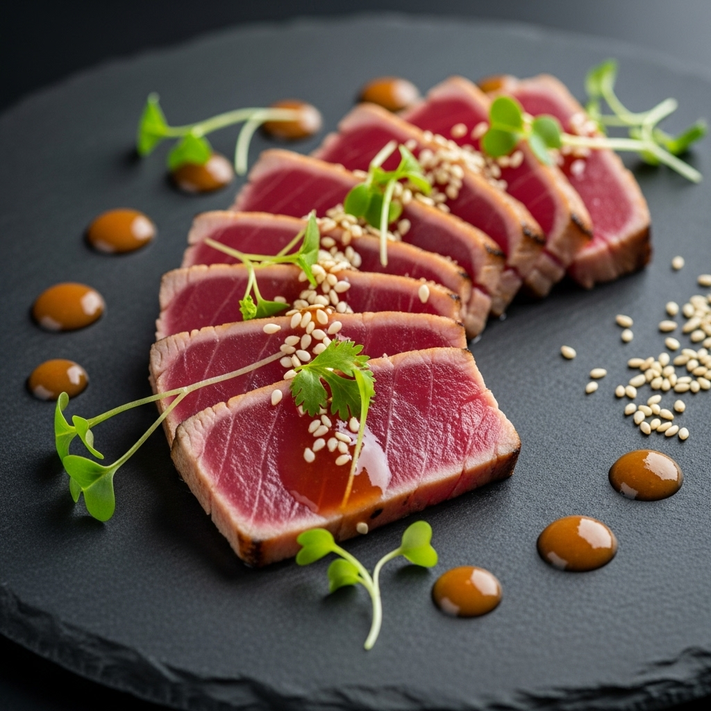 Artistic tuna tataki presentation